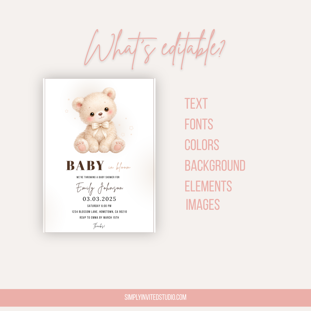 Beige Teddy Bear Baby Shower Invitation