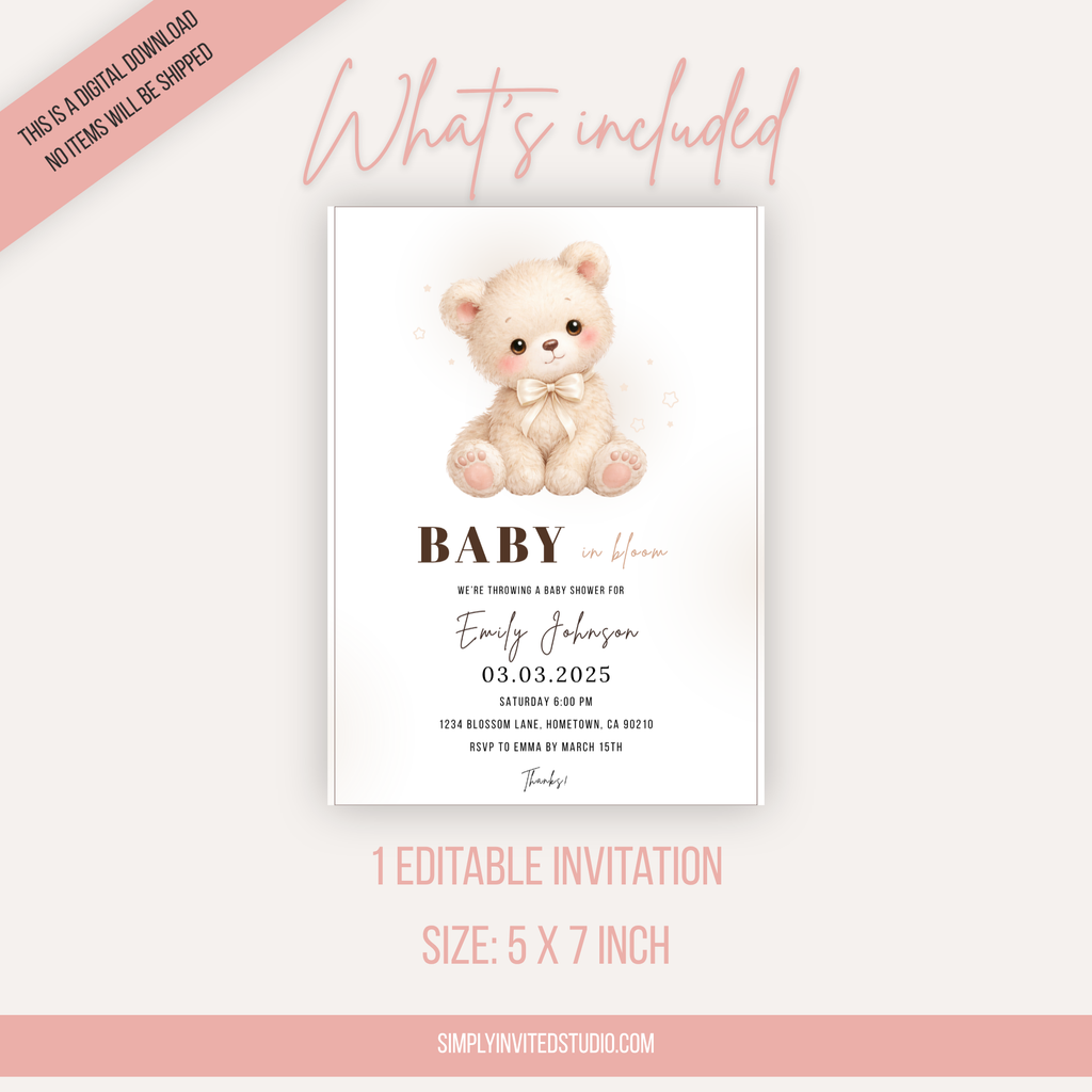 Beige Teddy Bear Baby Shower Invitation