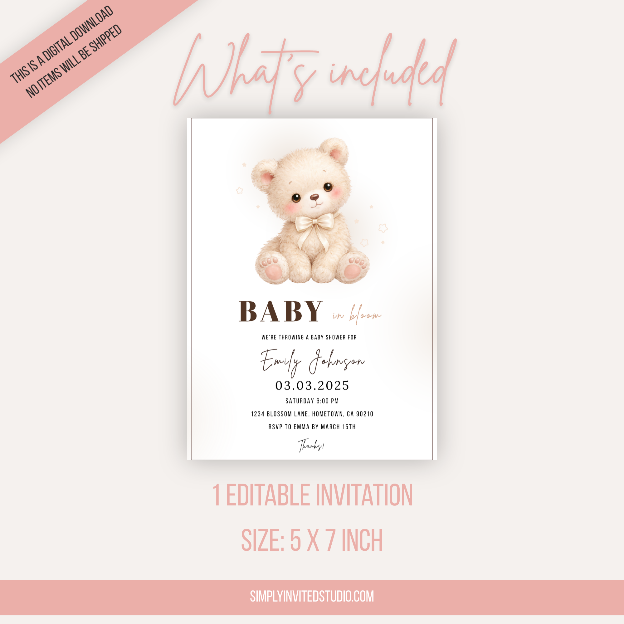 Beige Teddy Bear Baby Shower Invitation
