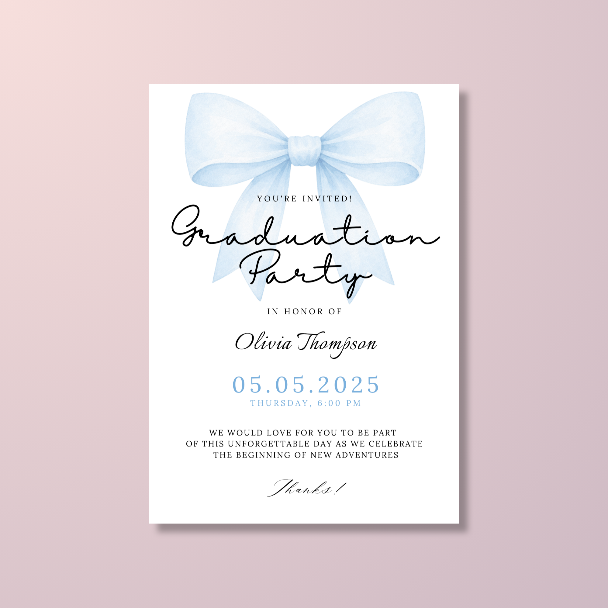 Blue Bow Graduation Invitation
