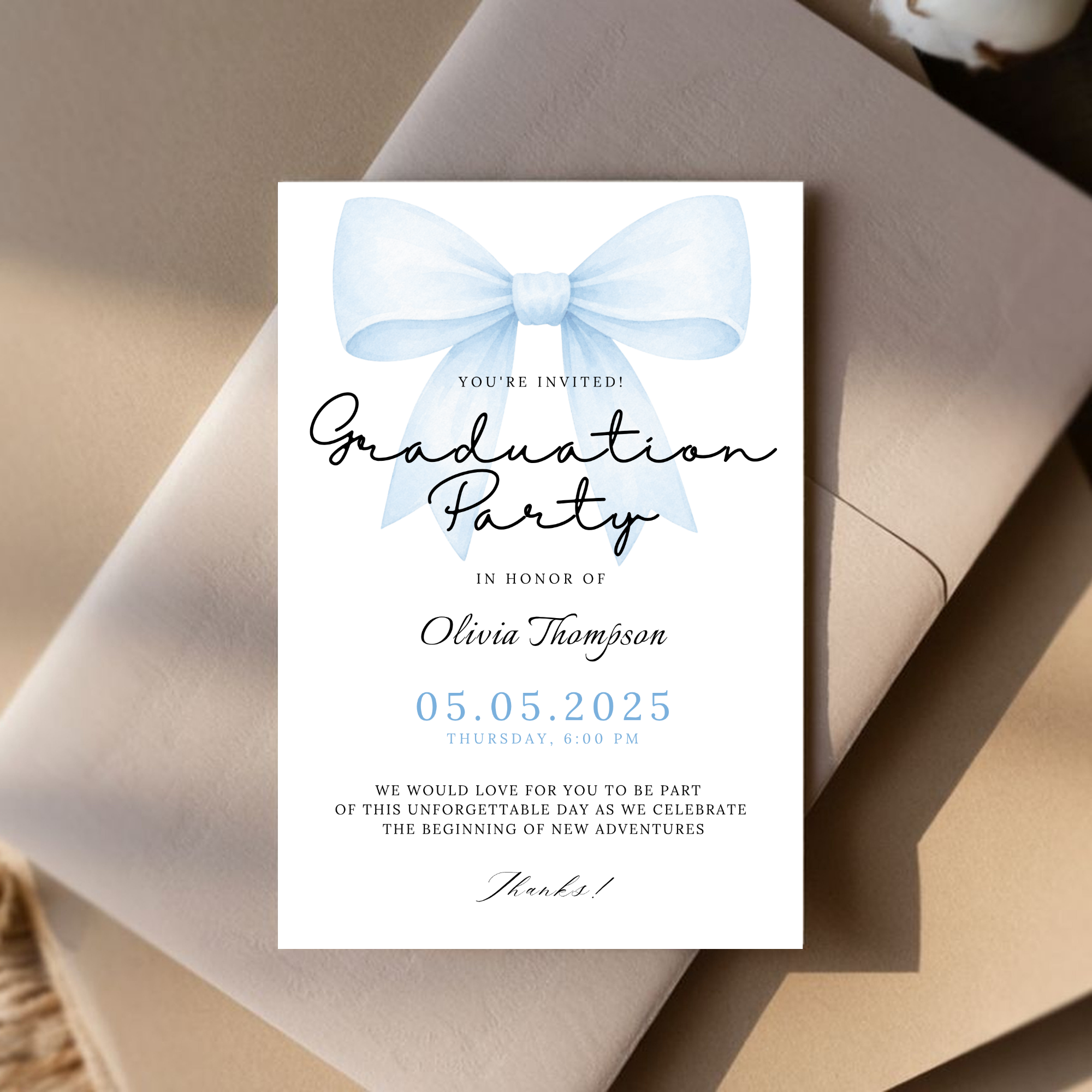 Blue Bow Graduation Invitation
