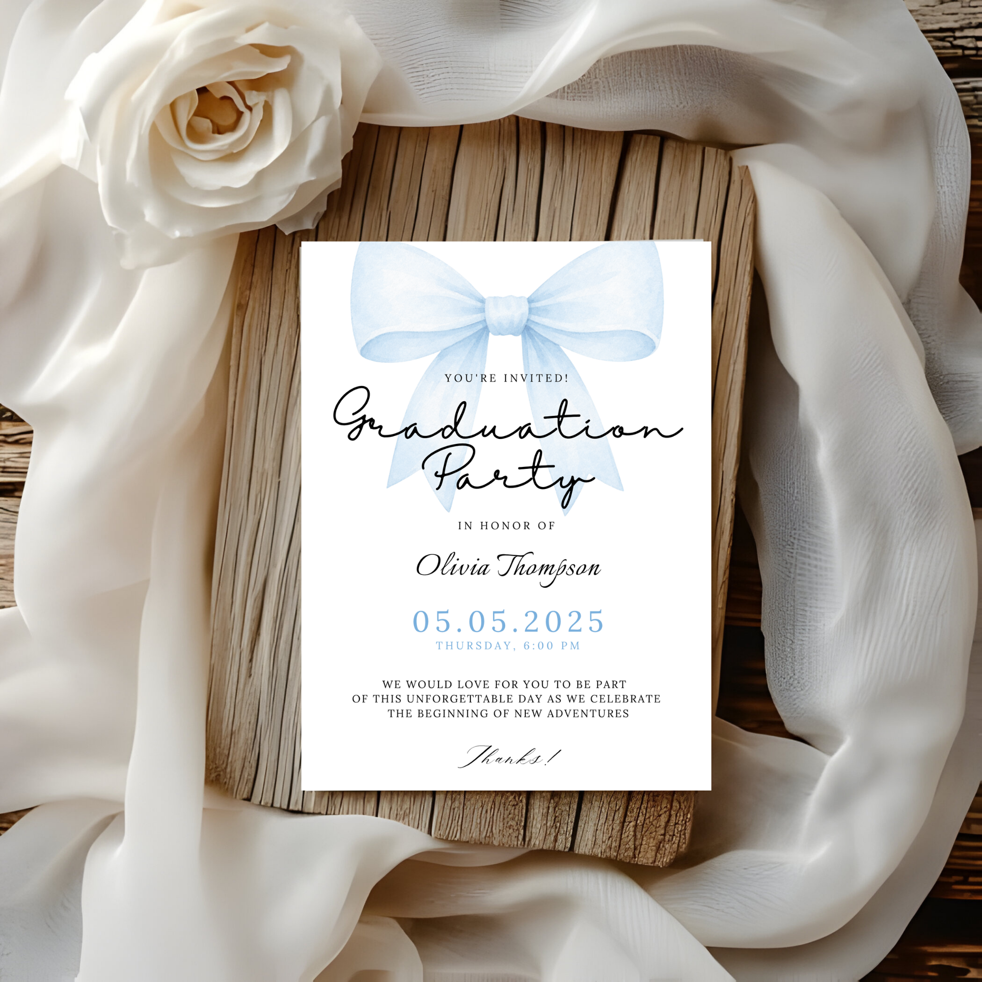 Blue Bow Graduation Invitation