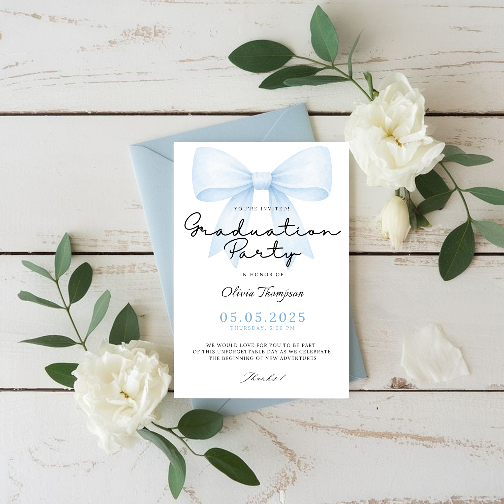 Blue Bow Graduation Invitation