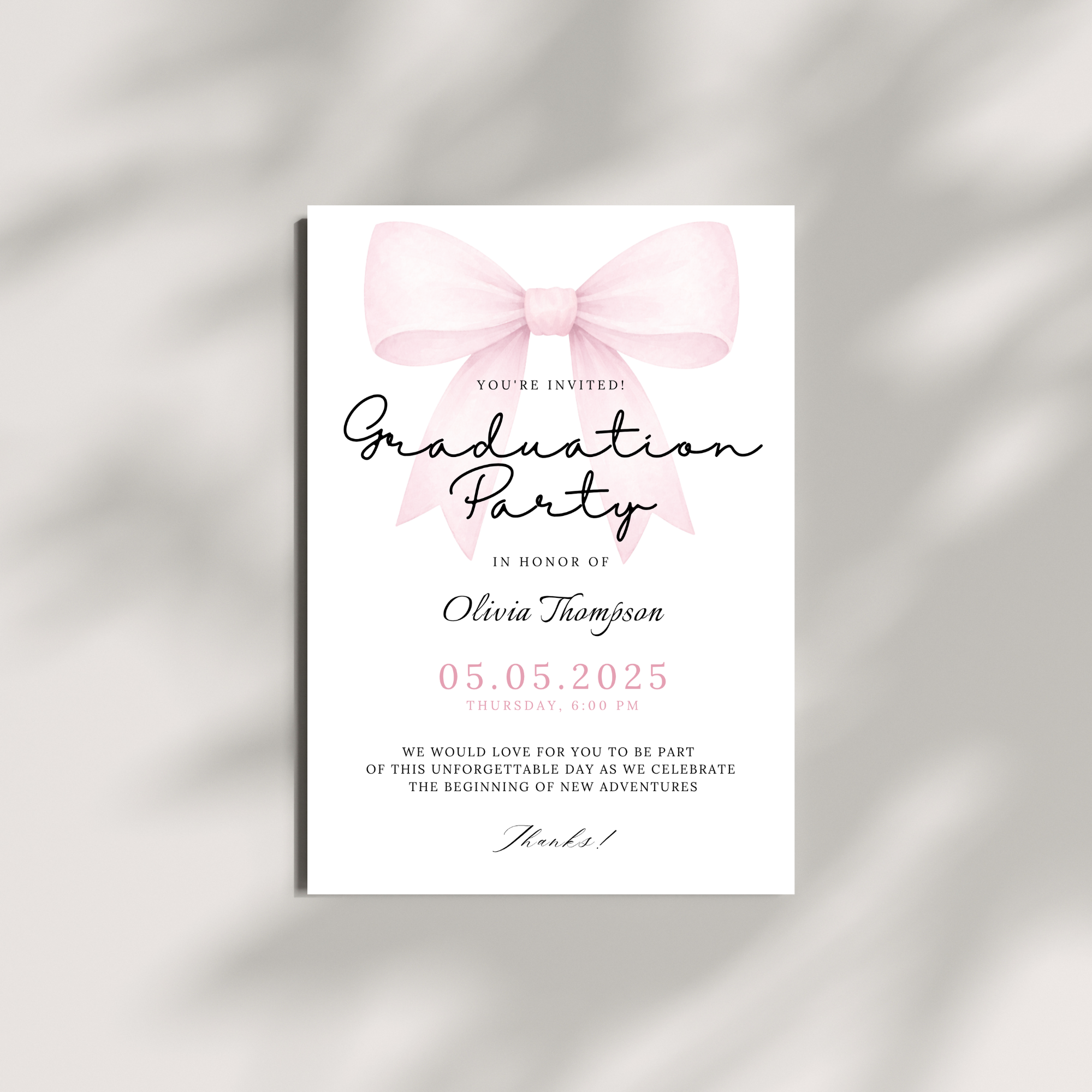 Pink Bow Graduation Invitation