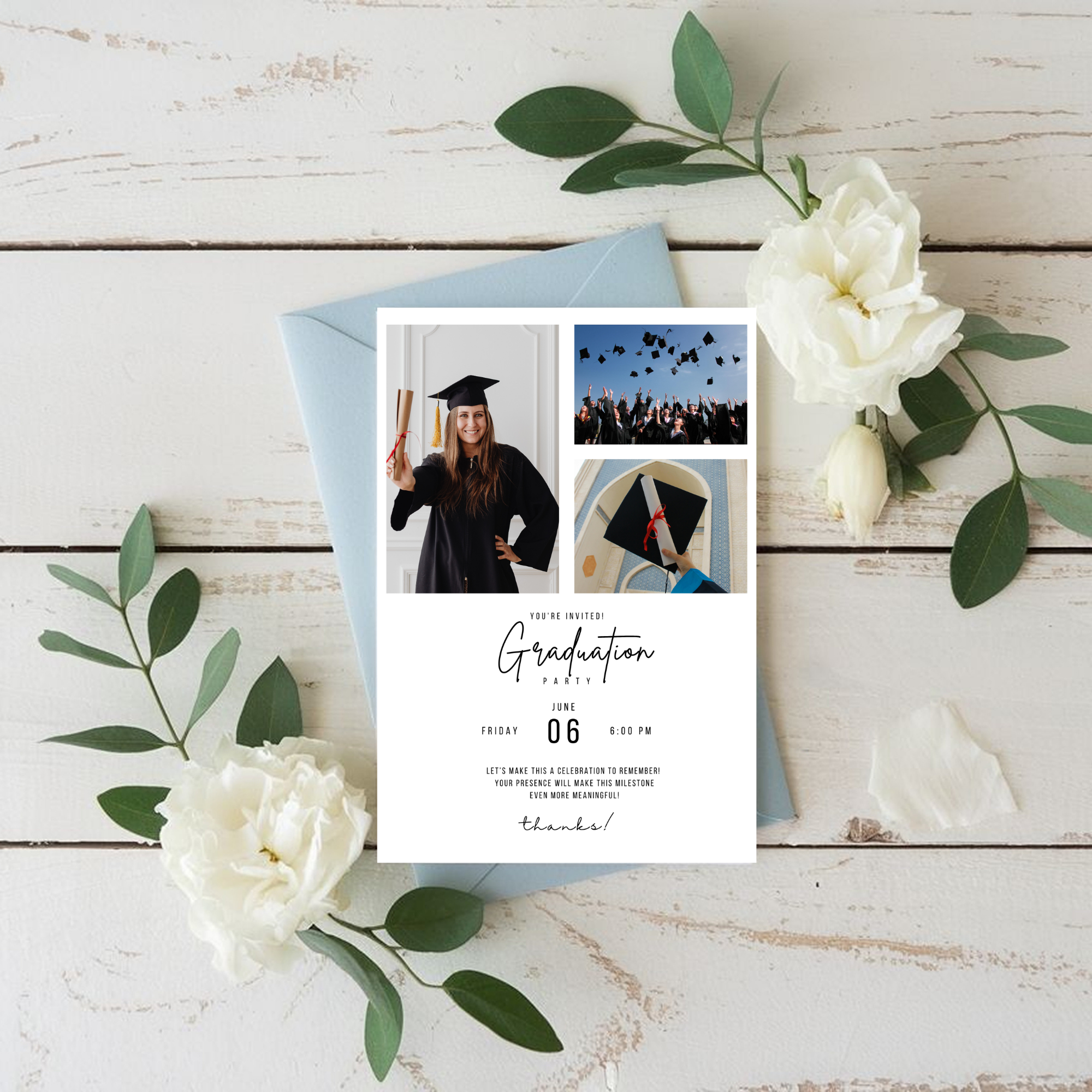 White Graduation Photo Invitation