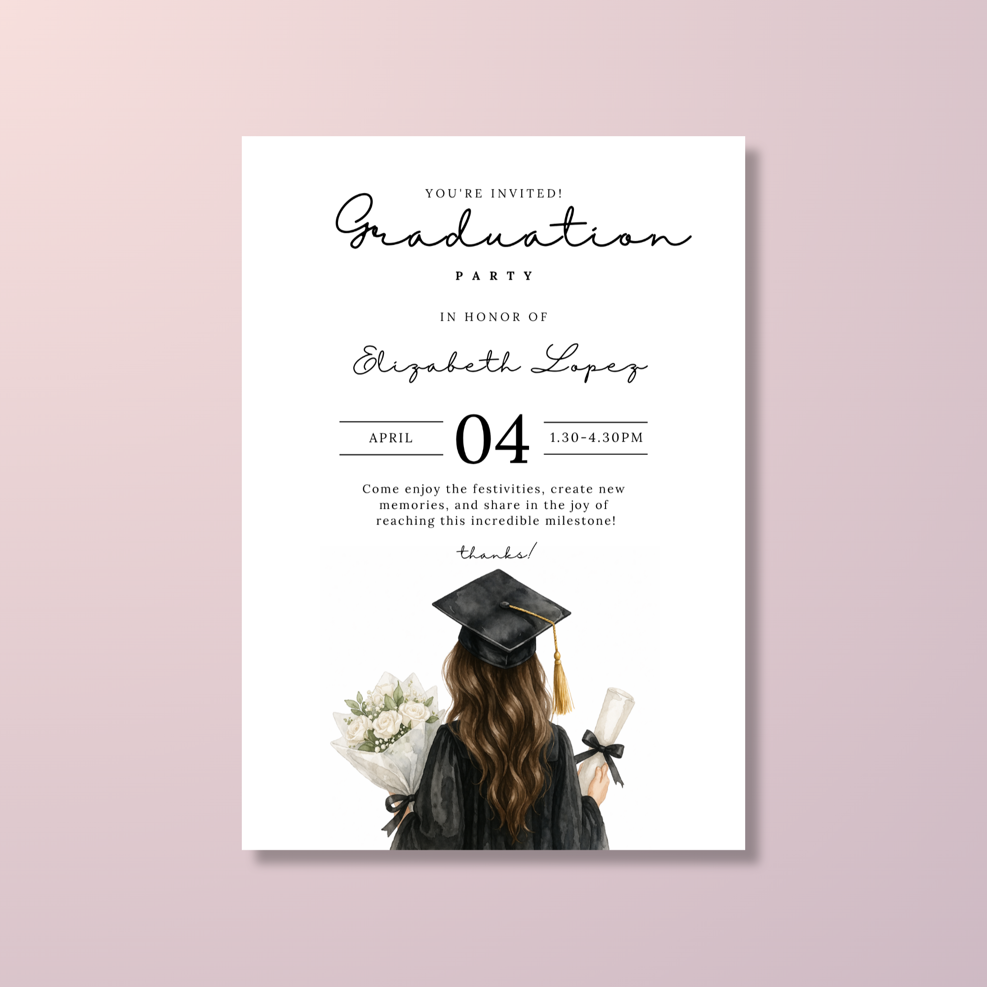 Watercolor Graduate Girl Invitation