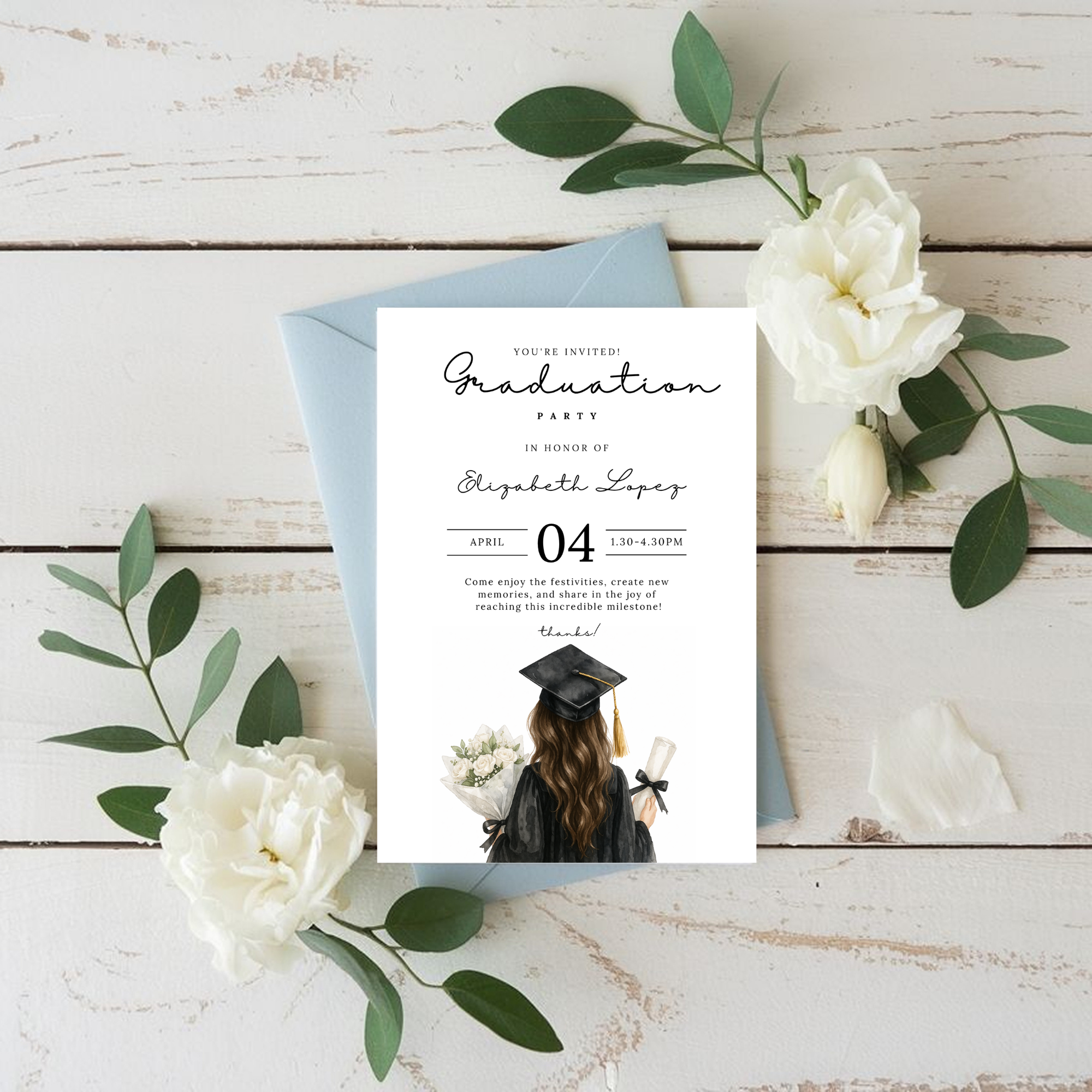 Watercolor Graduate Girl Invitation