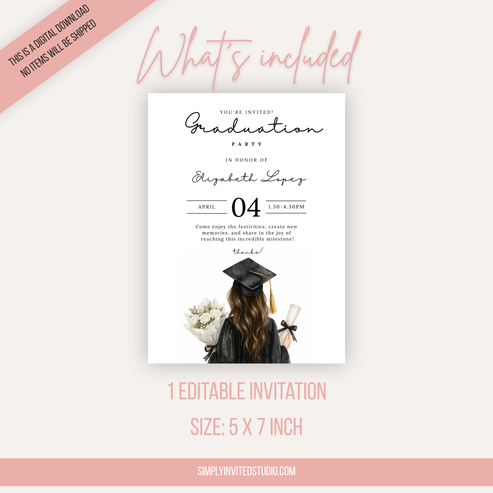Watercolor Graduate Girl Invitation